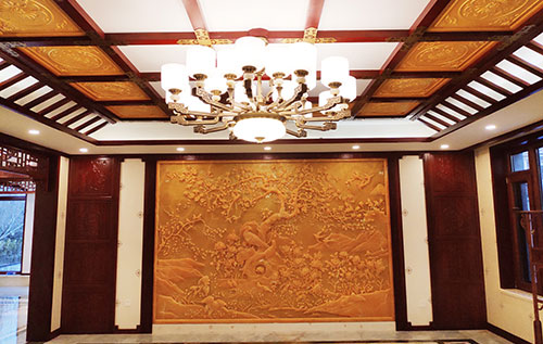 封开中式别墅客厅中式木作横梁吊顶装饰展示